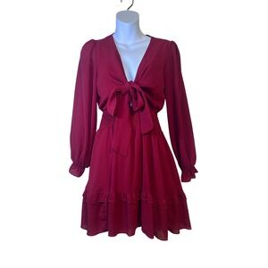 Womens Red Long Sleeve Tie Front‎ Smocked Waist Ruffle Mini Dress